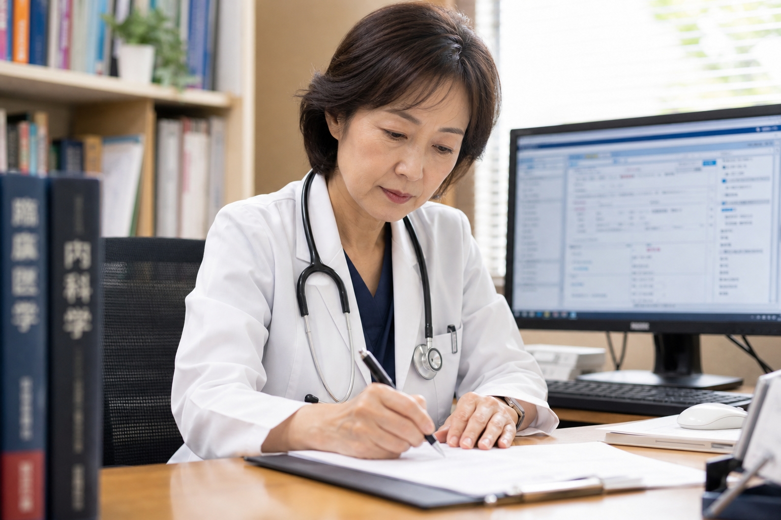 診療記録を確認する医師の様子